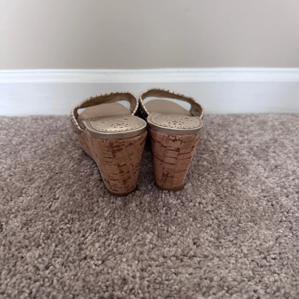 Jack Rogers Gold Leather Whipstitch Cork Wedge Sandals Womens 6.5 Platform Slide